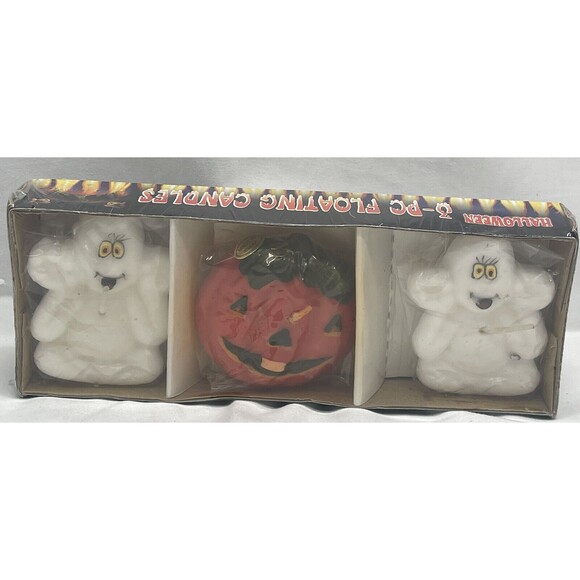 Vintage Halloween 3 Piece Floating Orange Jack O Lantern Pumpkin Candles RARE - Picture 1 of 12